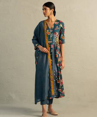 Teal blue printed cotton kurta set 2