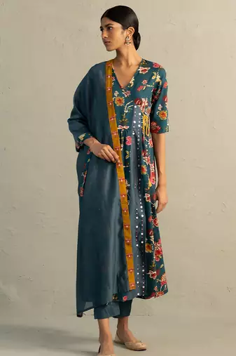 Teal blue printed cotton kurta set