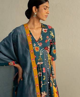 Teal blue printed cotton kurta set 3
