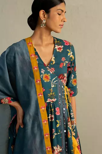 Teal blue printed cotton kurta set