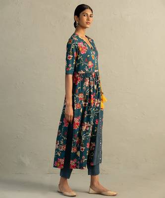 Teal blue printed cotton kurta set 4