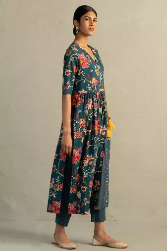 Teal blue printed cotton kurta set