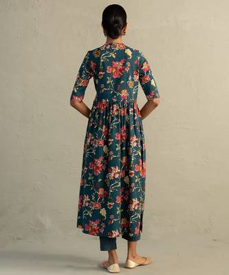 Teal blue printed cotton kurta set 5