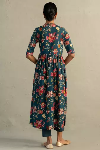Teal blue printed cotton kurta set