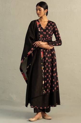 Black printed cotton anarkali set