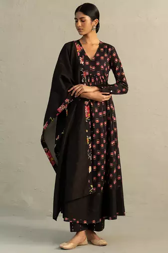 Black printed cotton anarkali set