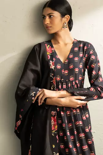 Black printed cotton anarkali set