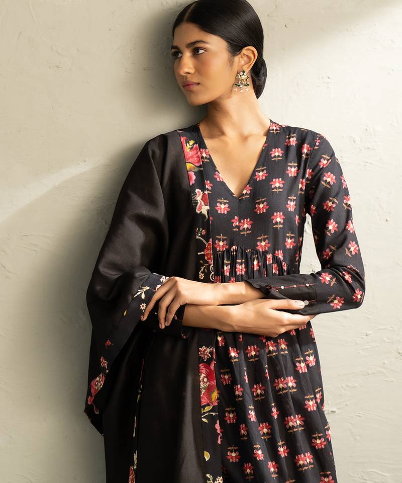Black printed cotton anarkali set