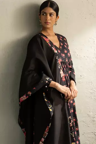 Black printed cotton anarkali set