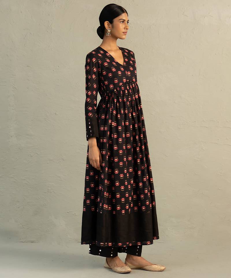 Black printed cotton anarkali set