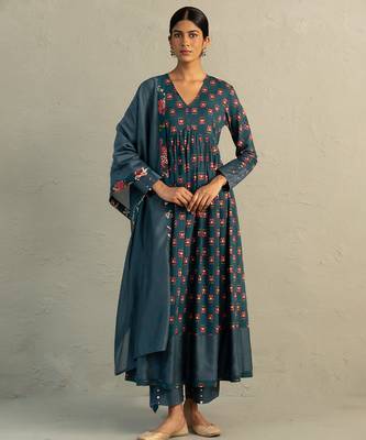 Teal blue printed cotton anarkali set 1