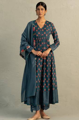 Teal blue printed cotton anarkali set