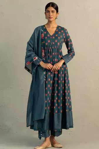 Teal blue printed cotton anarkali set