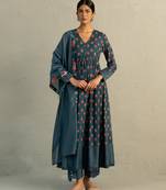 Teal blue printed cotton anarkali set