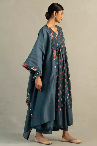Teal blue printed cotton anarkali set