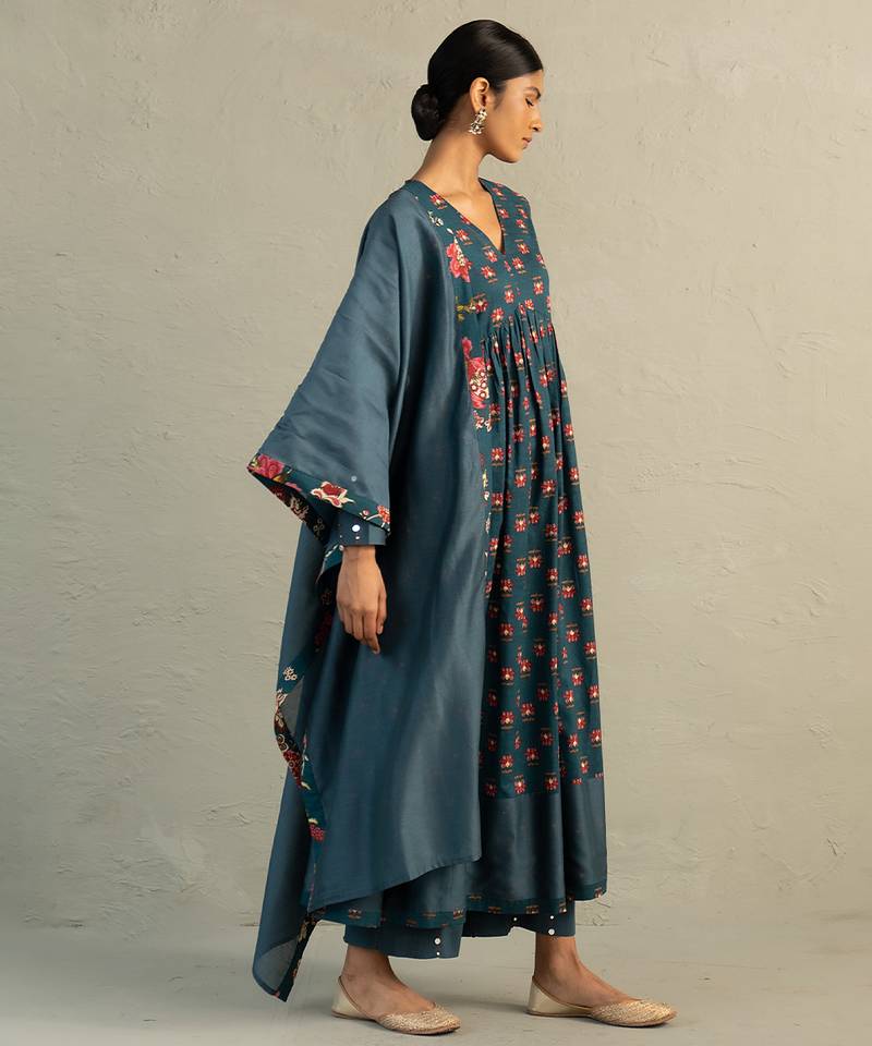 Teal blue printed cotton anarkali set