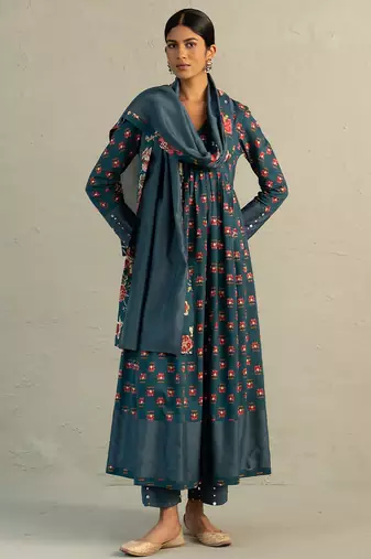 Teal blue printed cotton anarkali set