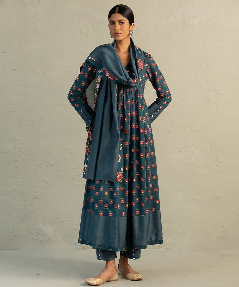 Teal blue printed cotton anarkali set