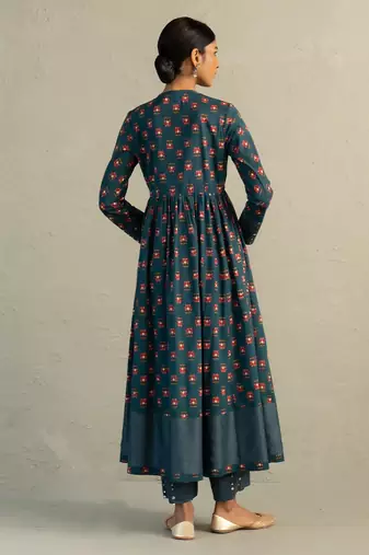 Teal blue printed cotton anarkali set
