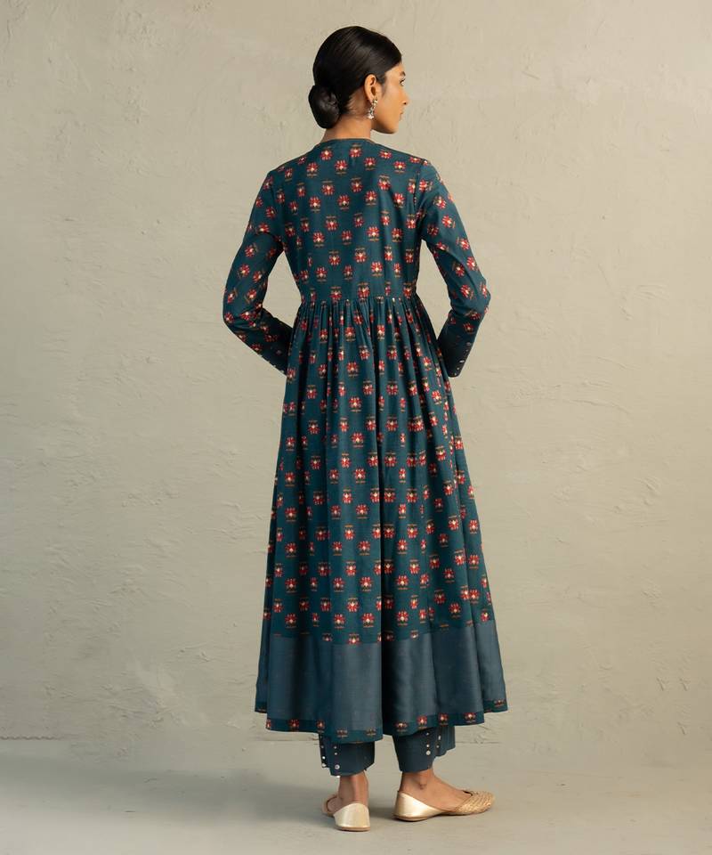 Teal blue printed cotton anarkali set