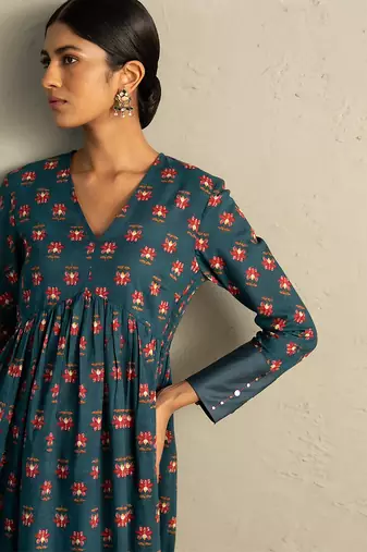 Teal blue printed cotton anarkali set