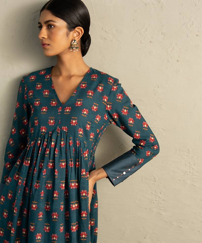 Teal blue printed cotton anarkali set
