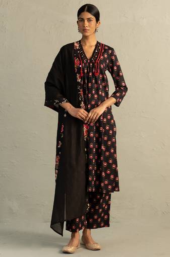 Black printed cotton kurta set