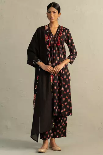 Black printed cotton kurta set