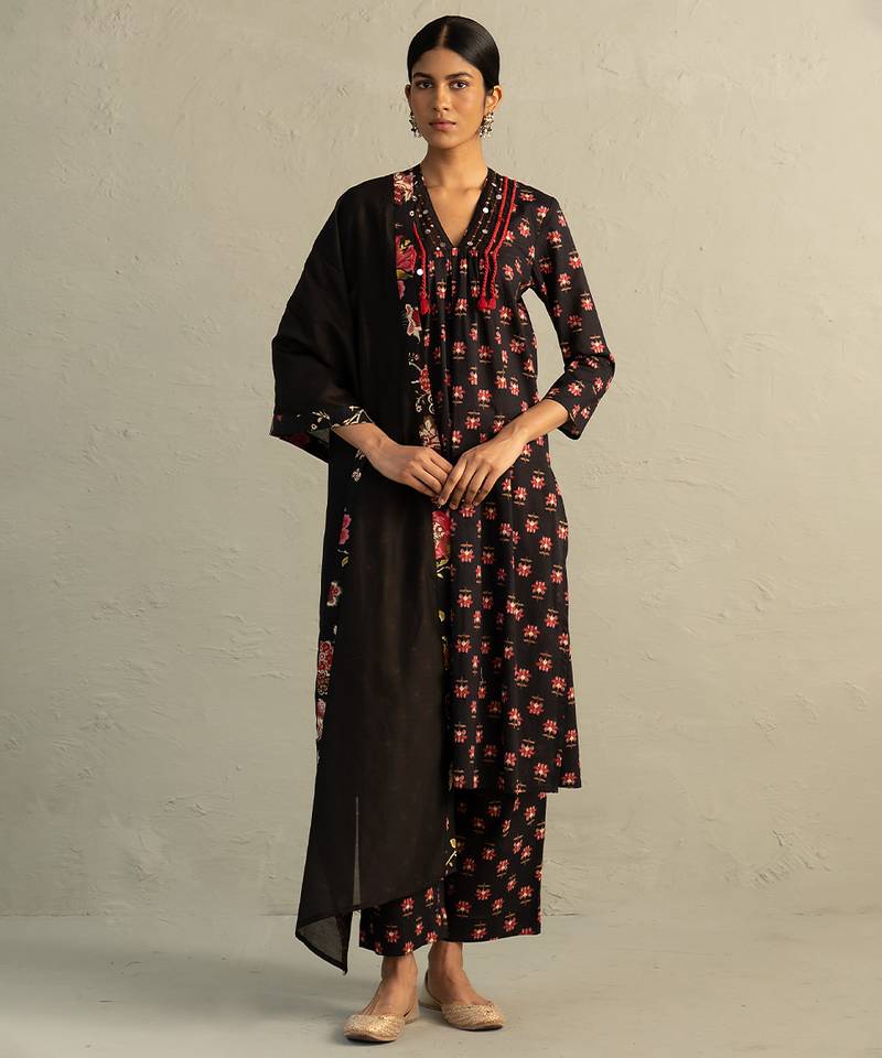 Black printed cotton kurta set
