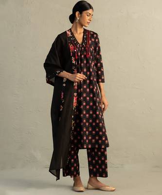 Black printed cotton kurta set 2