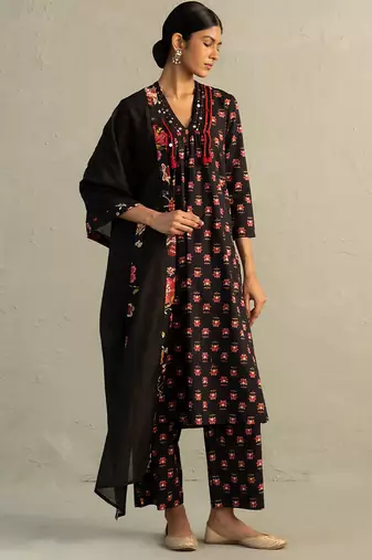 Black printed cotton kurta set