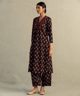 Black printed cotton kurta set 3
