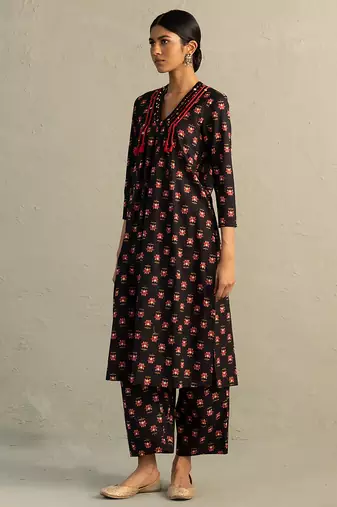 Black printed cotton kurta set