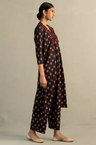Black printed cotton kurta set