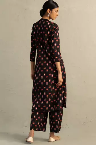 Black printed cotton kurta set