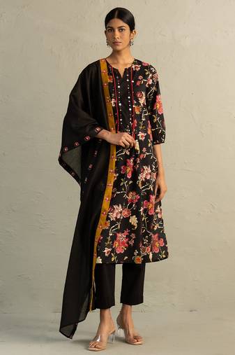 Black printed cotton kurta set