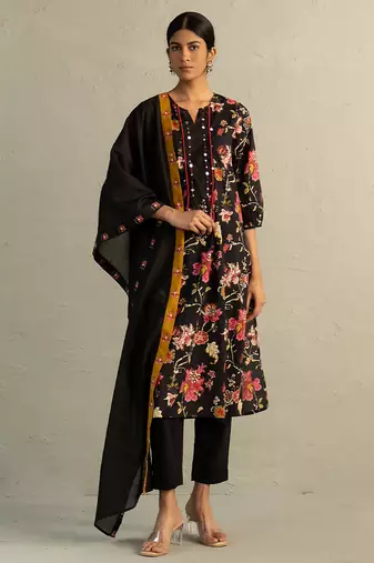 Black printed cotton kurta set