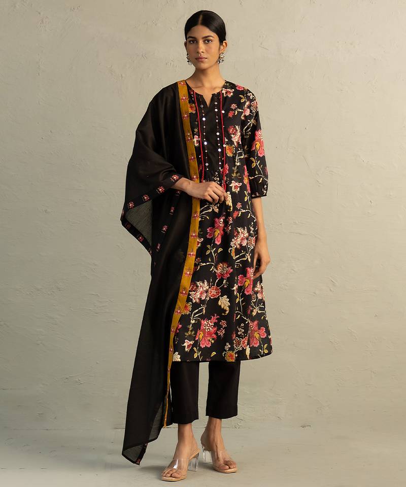 Black printed cotton kurta set