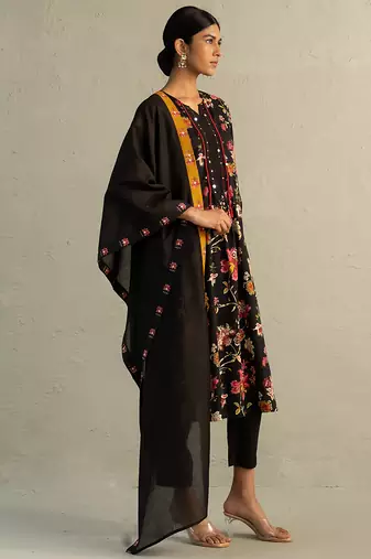 Black printed cotton kurta set