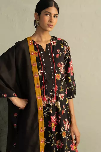 Black printed cotton kurta set