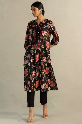 Black printed cotton kurta set