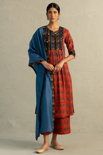 Red printed cotton kurta set