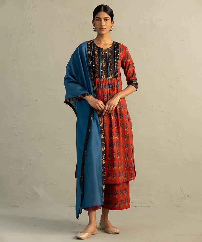 Red printed cotton kurta set