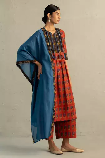 Red printed cotton kurta set