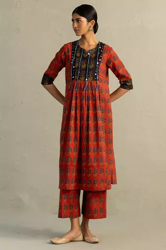 Red printed cotton kurta set