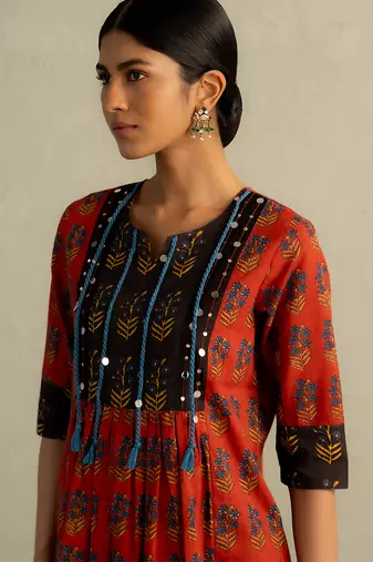 Red printed cotton kurta set