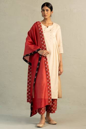 Beige embroidered mul chanderi kurta set