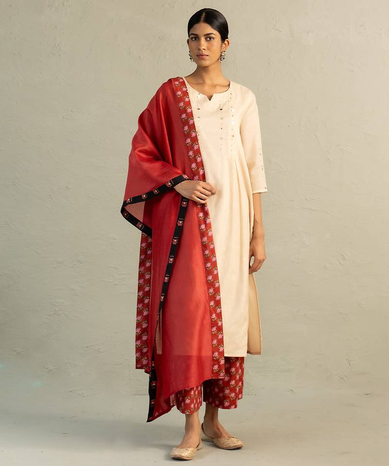 Beige embroidered mul chanderi kurta set