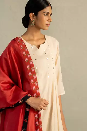Beige embroidered mul chanderi kurta set