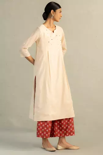 Beige embroidered mul chanderi kurta set